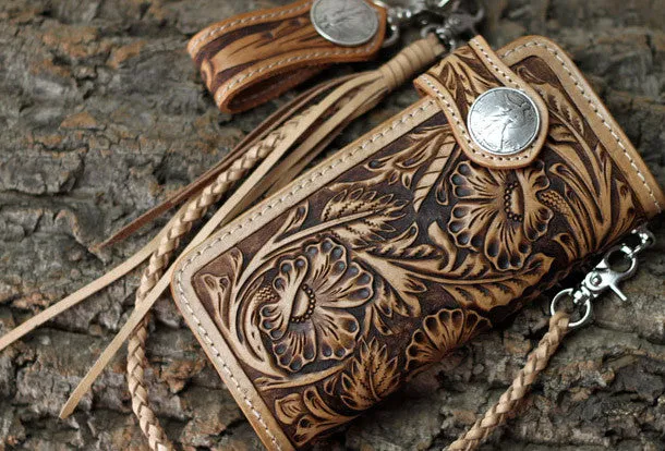 Handmade biker wallet leather floral carved biker wallet chain bifold Long wallet purse clutch for men