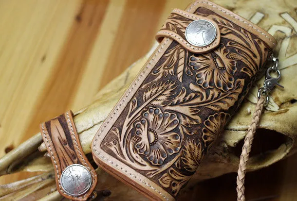 Handmade biker wallet leather floral carved biker wallet chain bifold Long wallet purse clutch for men