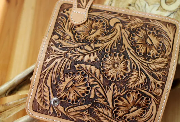 Handmade biker wallet leather floral carved biker wallet chain bifold Long wallet purse clutch for men