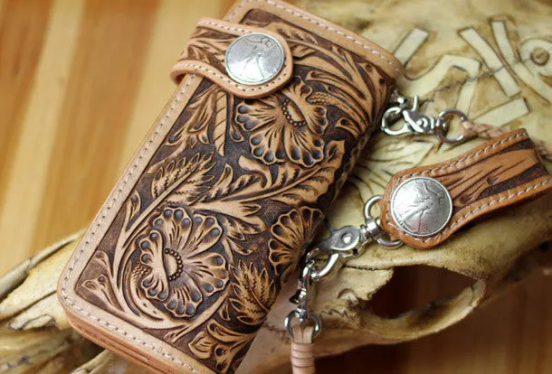 Handmade biker wallet leather floral carved biker wallet chain bifold Long wallet purse clutch for men