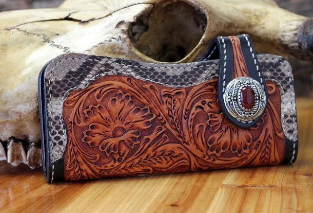 Handmade biker wallet leather floral tooled biker wallets chian bifold Long wallets for men