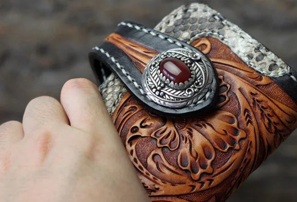 Handmade biker wallet leather floral tooled biker wallets chian bifold Long wallets for men
