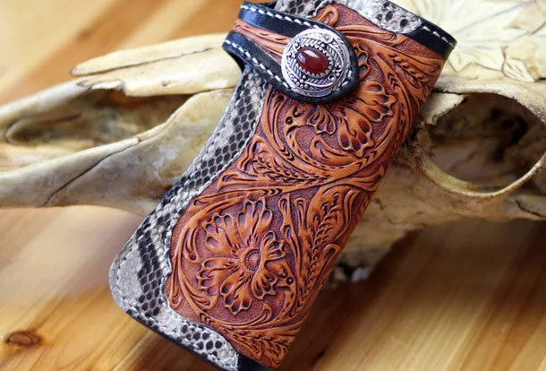 Handmade biker wallet leather floral tooled biker wallets chian bifold Long wallets for men