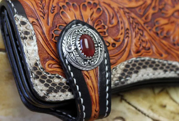 Handmade biker wallet leather floral tooled biker wallets chian bifold Long wallets for men