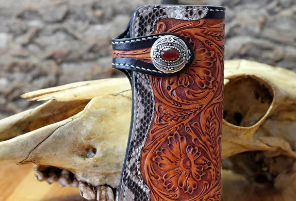 Handmade biker wallet leather floral tooled biker wallets chian bifold Long wallets for men