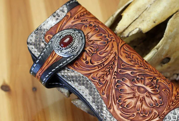 Handmade biker wallet leather floral tooled biker wallets chian bifold Long wallets for men
