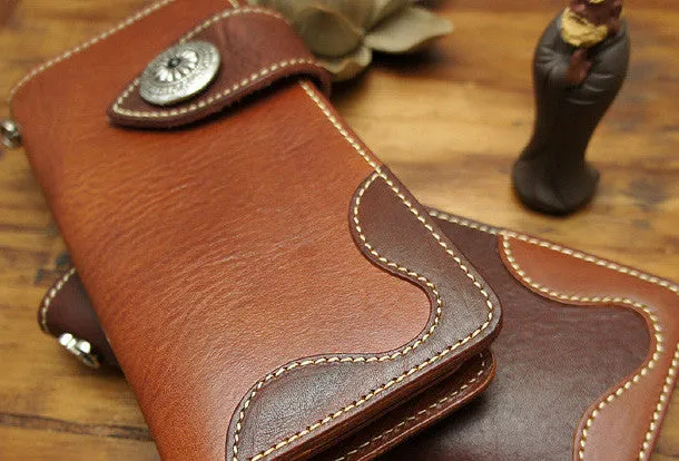 Handmade biker wallet leather with chain brown red brown Long wallet purse for men