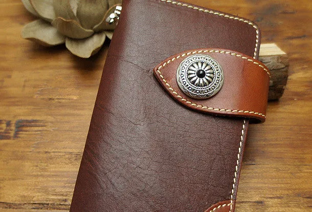 Handmade biker wallet leather with chain brown red brown Long wallet purse for men