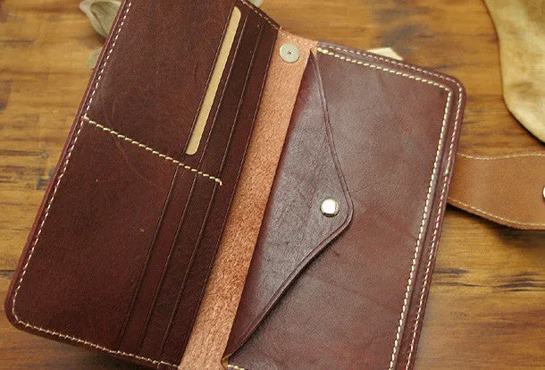Handmade biker wallet leather with chain brown red brown Long wallet purse for men