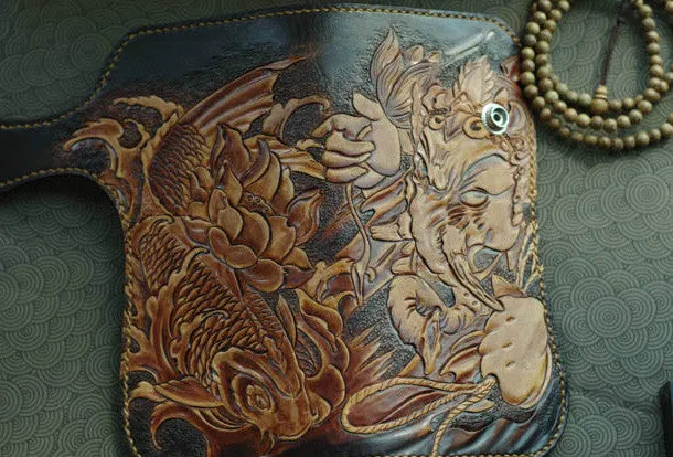 Handmade biker wallet vintage carved Ganesha&Cryprinus carpiod leather biker wallet for men
