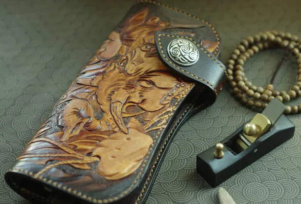 Handmade biker wallet vintage carved Ganesha&Cryprinus carpiod leather biker wallet for men