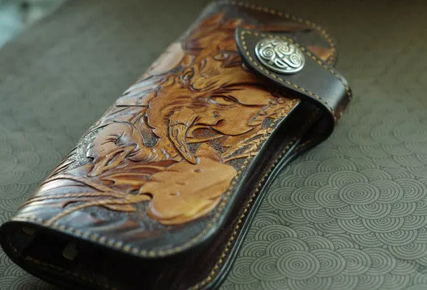 Handmade biker wallet vintage carved Ganesha&Cryprinus carpiod leather biker wallet for men