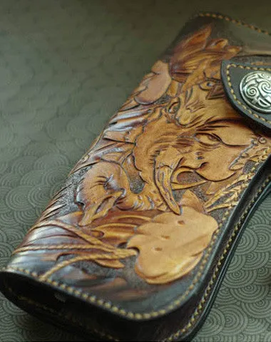 Handmade biker wallet vintage carved Ganesha&Cryprinus carpiod leather biker wallet for men