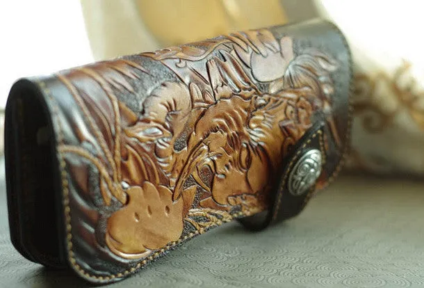 Handmade biker wallet vintage carved Ganesha&Cryprinus carpiod leather biker wallet for men