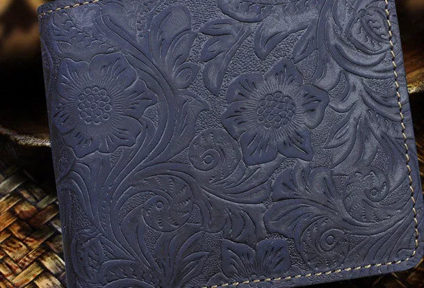 Handmade billfold leather wallet flowral leather billfold wallet for men women