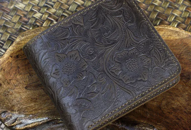 Handmade billfold leather wallet flowral leather billfold wallet for men women