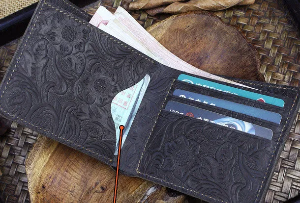Handmade billfold leather wallet flowral leather billfold wallet for men women