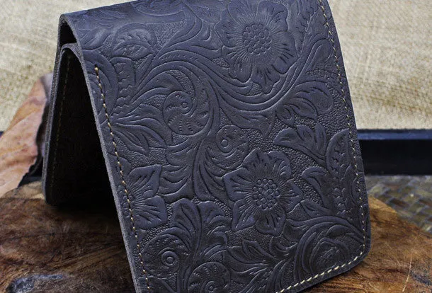 Handmade billfold leather wallet flowral leather billfold wallet for men women