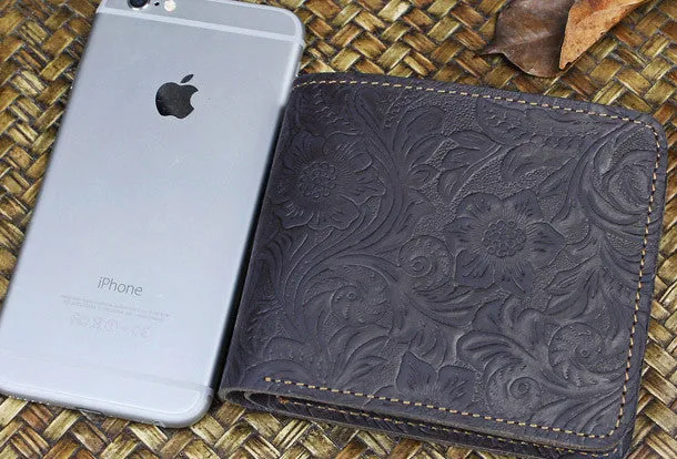 Handmade billfold leather wallet flowral leather billfold wallet for men women