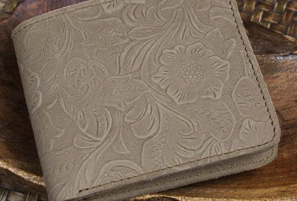 Handmade billfold leather wallet flowral leather billfold wallet for men women