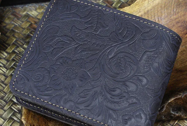 Handmade billfold leather wallet flowral leather billfold wallet for men women