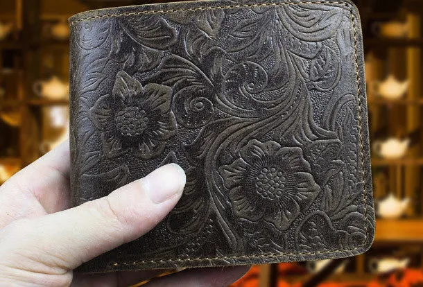Handmade billfold leather wallet flowral leather billfold wallet for men women