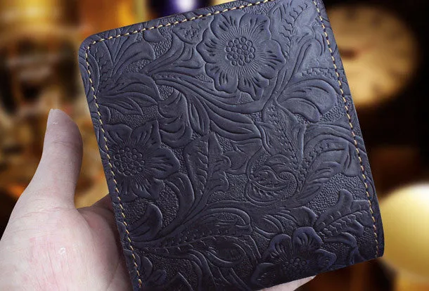 Handmade billfold leather wallet flowral leather billfold wallet for men women