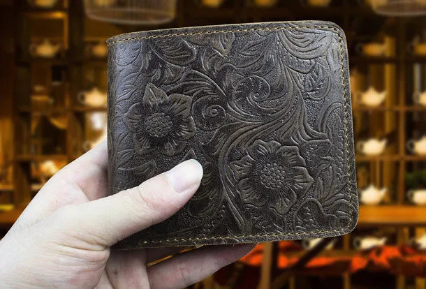 Handmade billfold leather wallet flowral leather billfold wallet for men women