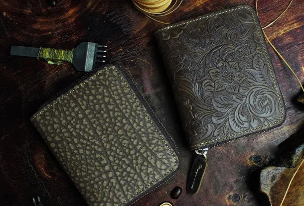 Handmade billfold leather wallet flowral leather Zipper wallet for men women