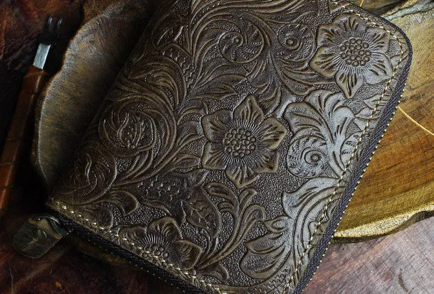 Handmade billfold leather wallet flowral leather Zipper wallet for men women
