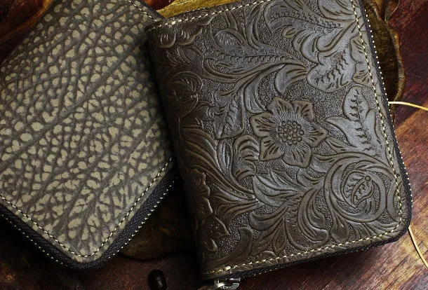 Handmade billfold leather wallet flowral leather Zipper wallet for men women