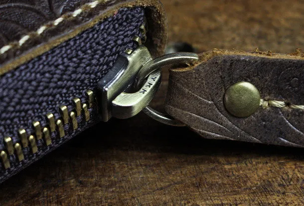 Handmade billfold leather wallet flowral leather Zipper wallet for men women