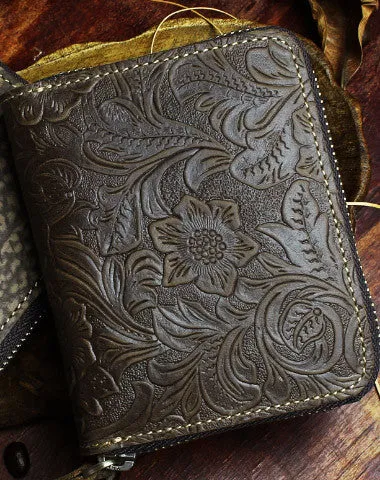 Handmade billfold leather wallet flowral leather Zipper wallet for men women