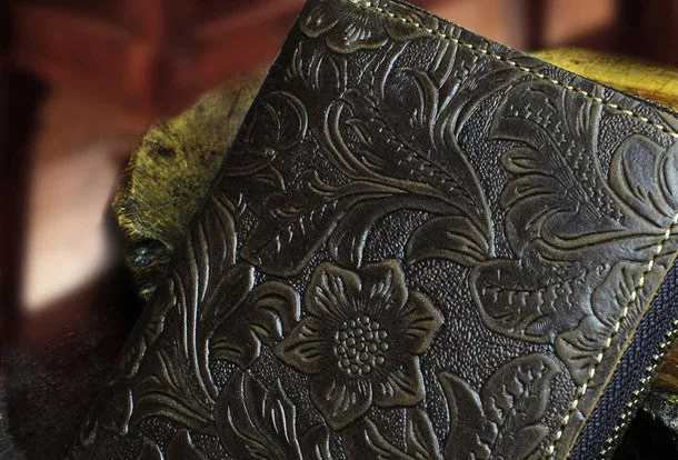Handmade billfold leather wallet flowral leather Zipper wallet for men women