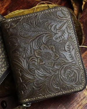 Handmade billfold leather wallet flowral leather Zipper wallet for men women