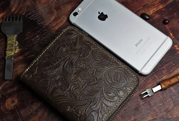 Handmade billfold leather wallet flowral leather Zipper wallet for men women