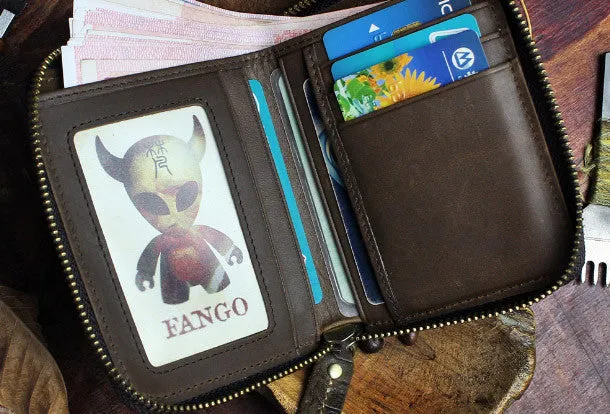 Handmade billfold leather wallet flowral leather Zipper wallet for men women