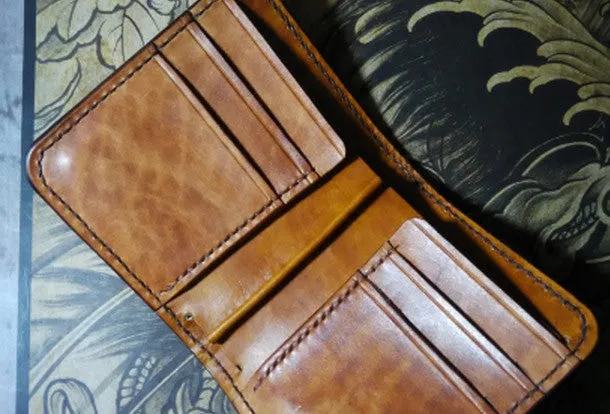 Handmade billfold leather wallet men skull tooled carved billfold wallet for him
