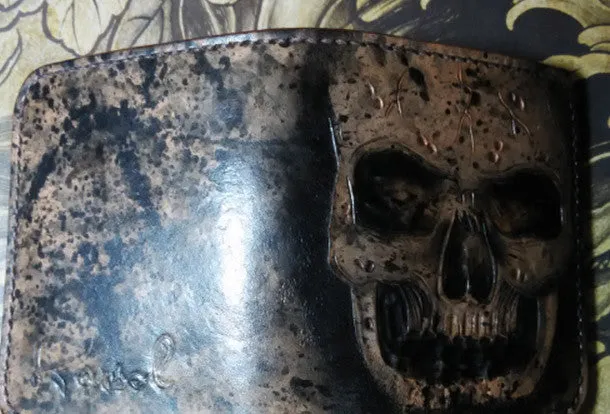 Handmade billfold leather wallet men skull tooled carved billfold wallet for him