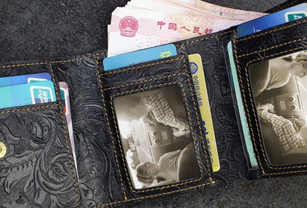 Handmade billfold trifold leather wallet flowral leather billfold wallet for men women