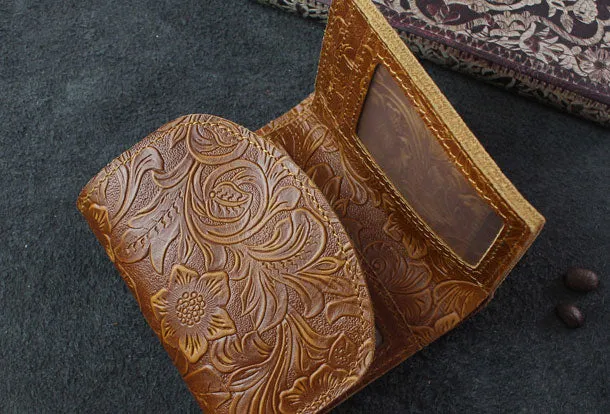 Handmade billfold trifold leather wallet flowral leather billfold wallet for men women