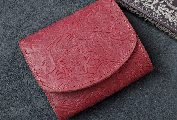 Handmade billfold trifold leather wallet flowral leather billfold wallet for men women
