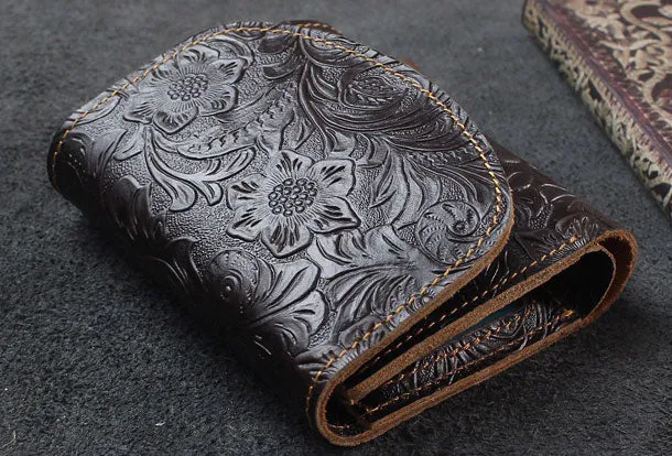 Handmade billfold trifold leather wallet flowral leather billfold wallet for men women
