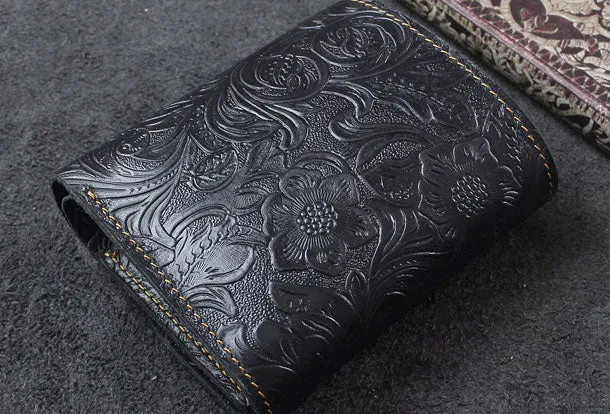Handmade billfold trifold leather wallet flowral leather billfold wallet for men women