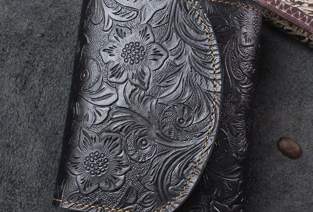 Handmade billfold trifold leather wallet flowral leather billfold wallet for men women