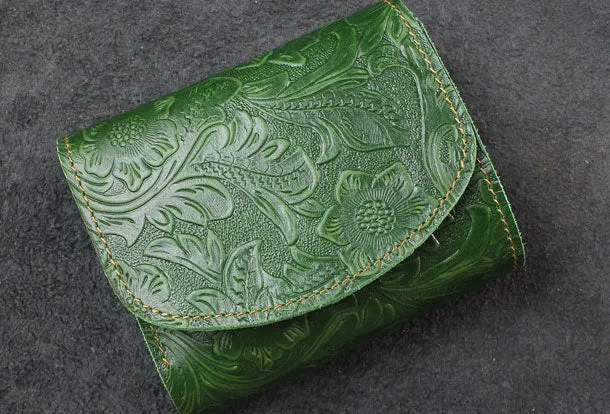 Handmade billfold trifold leather wallet flowral leather billfold wallet for men women