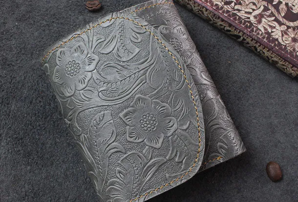 Handmade billfold trifold leather wallet flowral leather billfold wallet for men women