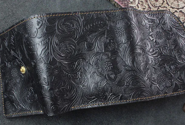Handmade billfold trifold leather wallet flowral leather billfold wallet for men women