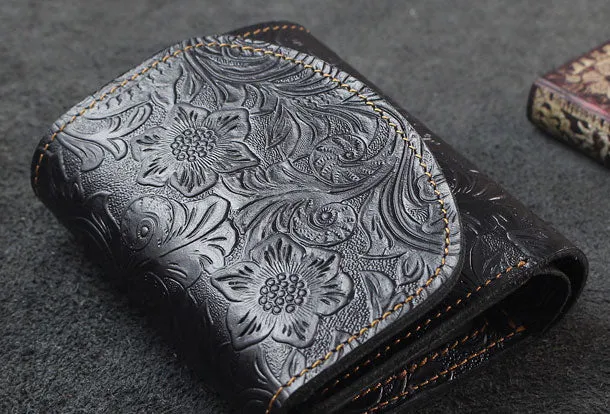 Handmade billfold trifold leather wallet flowral leather billfold wallet for men women