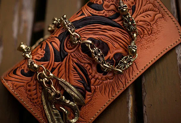 Handmade black leather indian skull carved biker wallet bifold Long wallet clutch for men